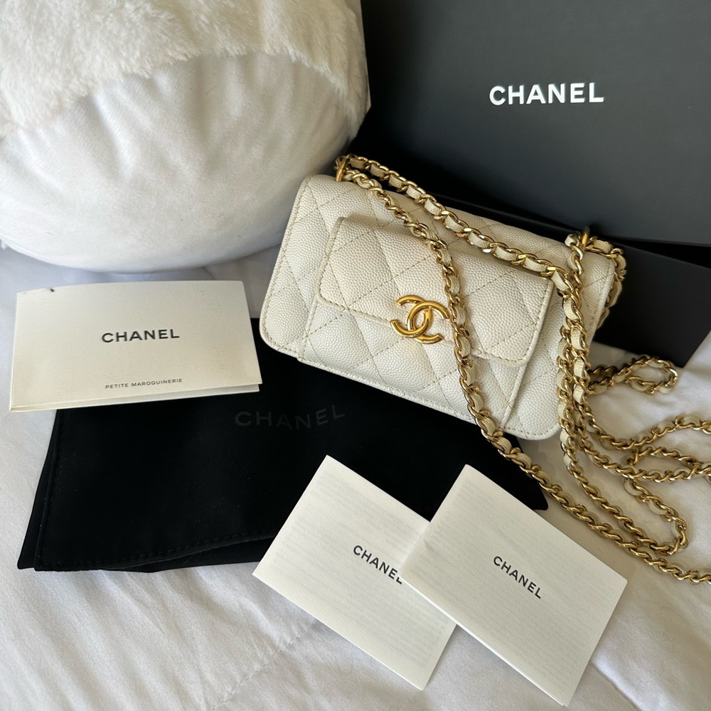 CHANEL WOC mini Crossbody White Gold Quilted Caviar Bag [2022]